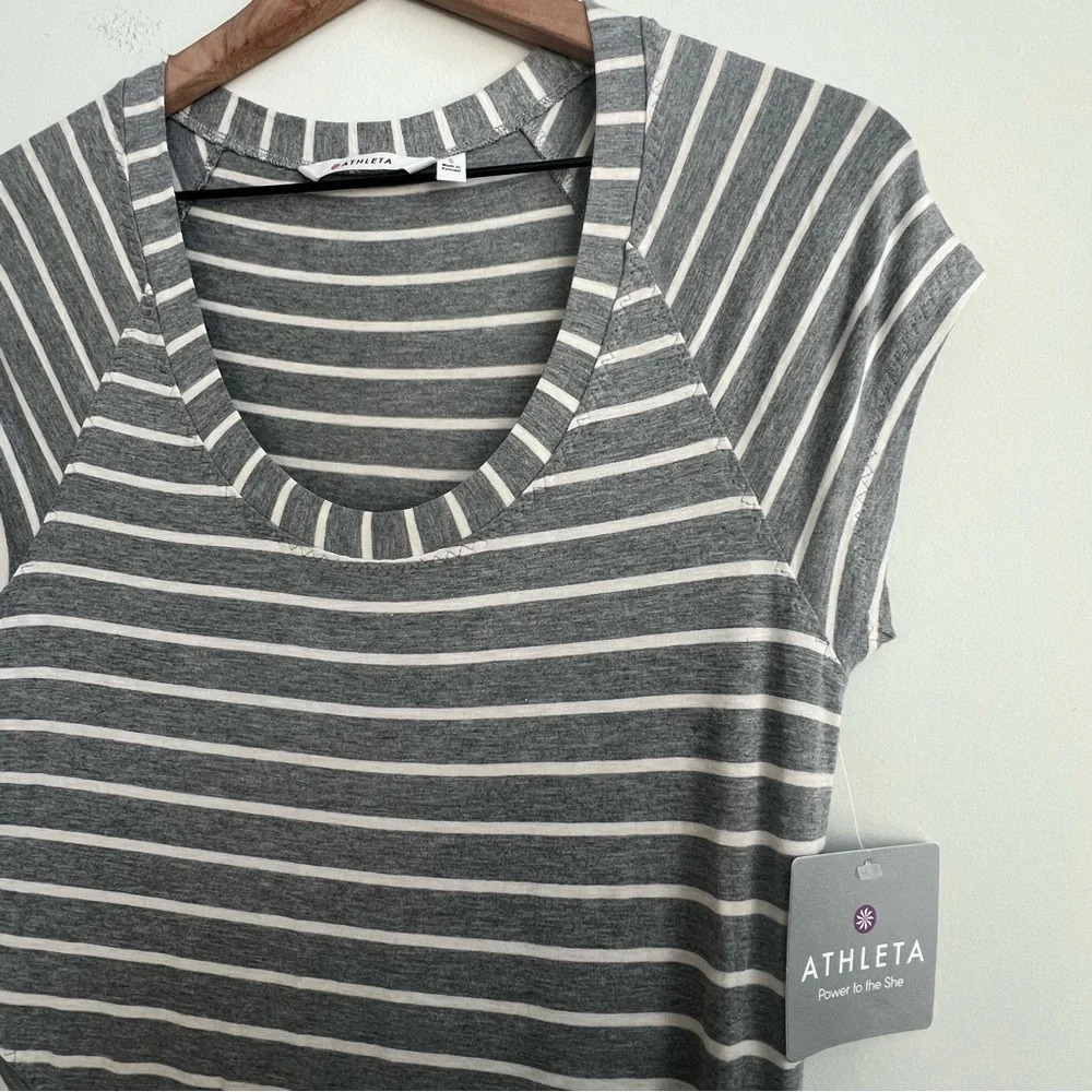 New Athleta Shark Bite Cinch Maxi Dress Gray Asymmetrical Striped Jersey Small - Picture 9 of 14